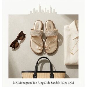 Michael Kors MK Monogram Gold Toe Ring Slide Sandals 6.5M Quiet Luxury Flats